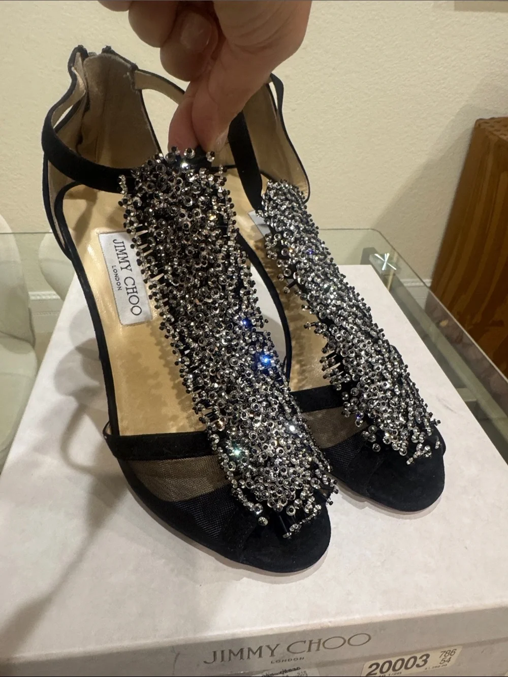 Jimmy Choo Black Crystal T-Strap Embellished Heels
